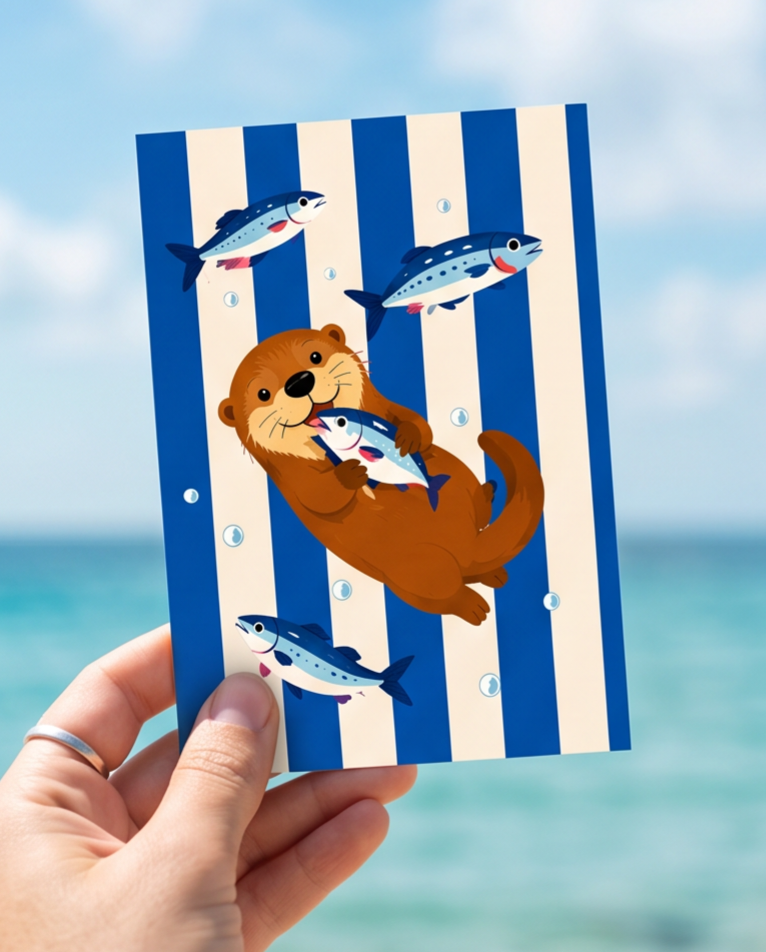 Postkarte mit süßem Otter-Motiv - mediterraner Otter mit Fisch