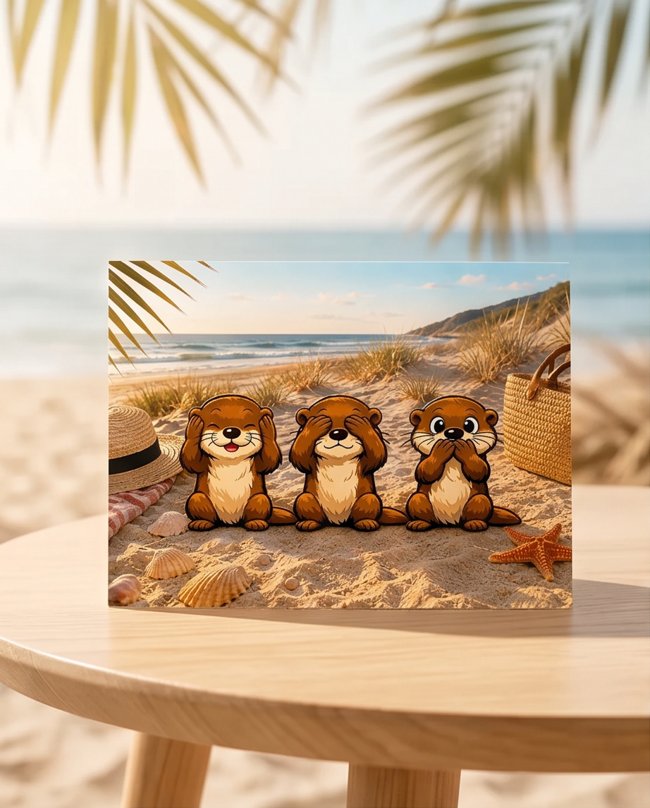 Postkarte Strand-Otter: nicht hören, nicht sehen, nicht sprechen