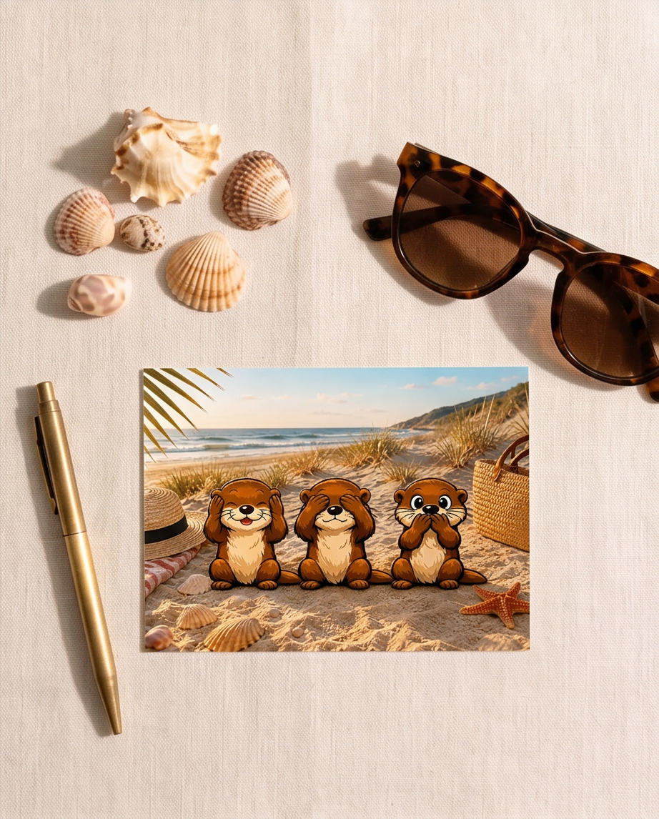 Postkarte Strand-Otter: nicht hören, nicht sehen, nicht sprechen – Bild 2