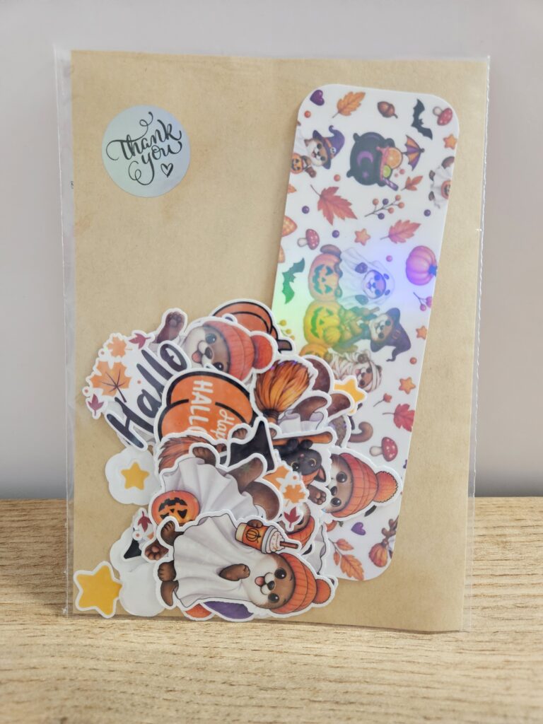 Halloween Lesezeichen Otter und Kürbisse mit 15 Halloween Sticker, Hologramm