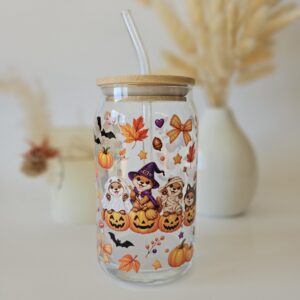 Halloween Glas mit Bambusdeckel & Glasstrohhalm 500 ml mit Otter – Iced Coffee Glas – Geschenk