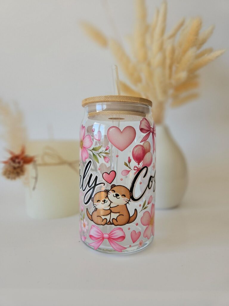 Otter Love Trinkglas mit Bambusdeckel & Glasstrohhalm | 500 ml Iced Coffee Glas